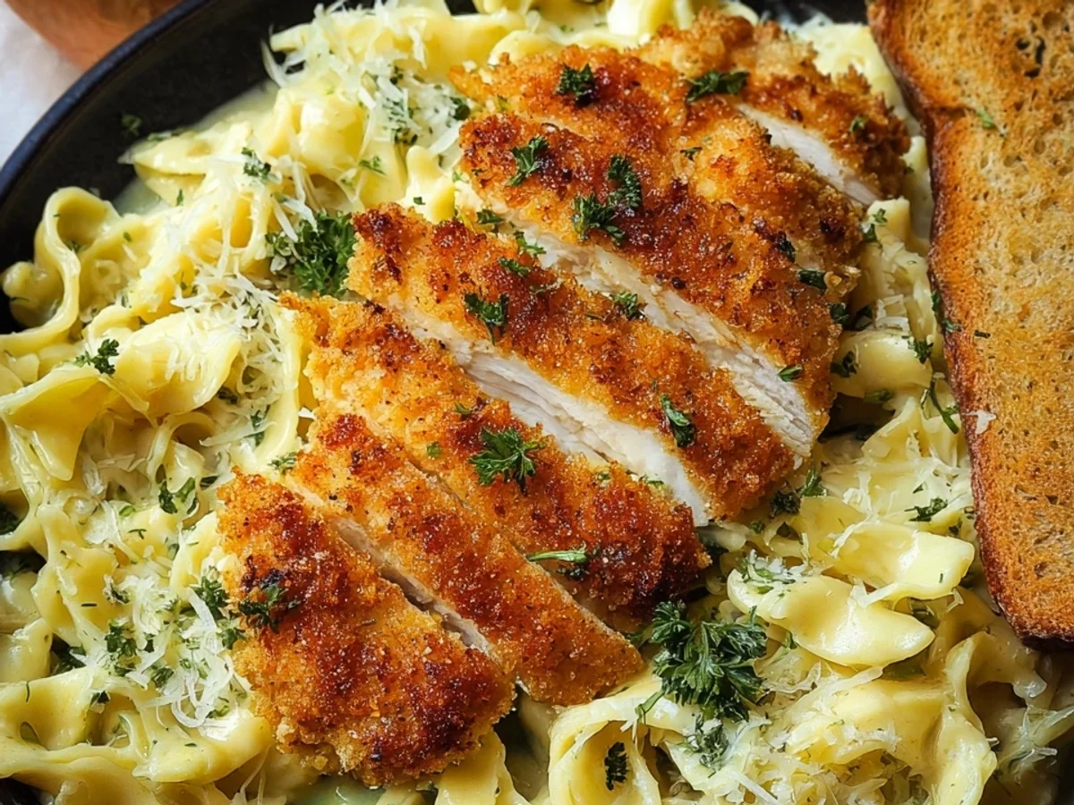 Alfredo Pasta mit Hähnchenschnitzel: Cremiger Genuss - Bild 1