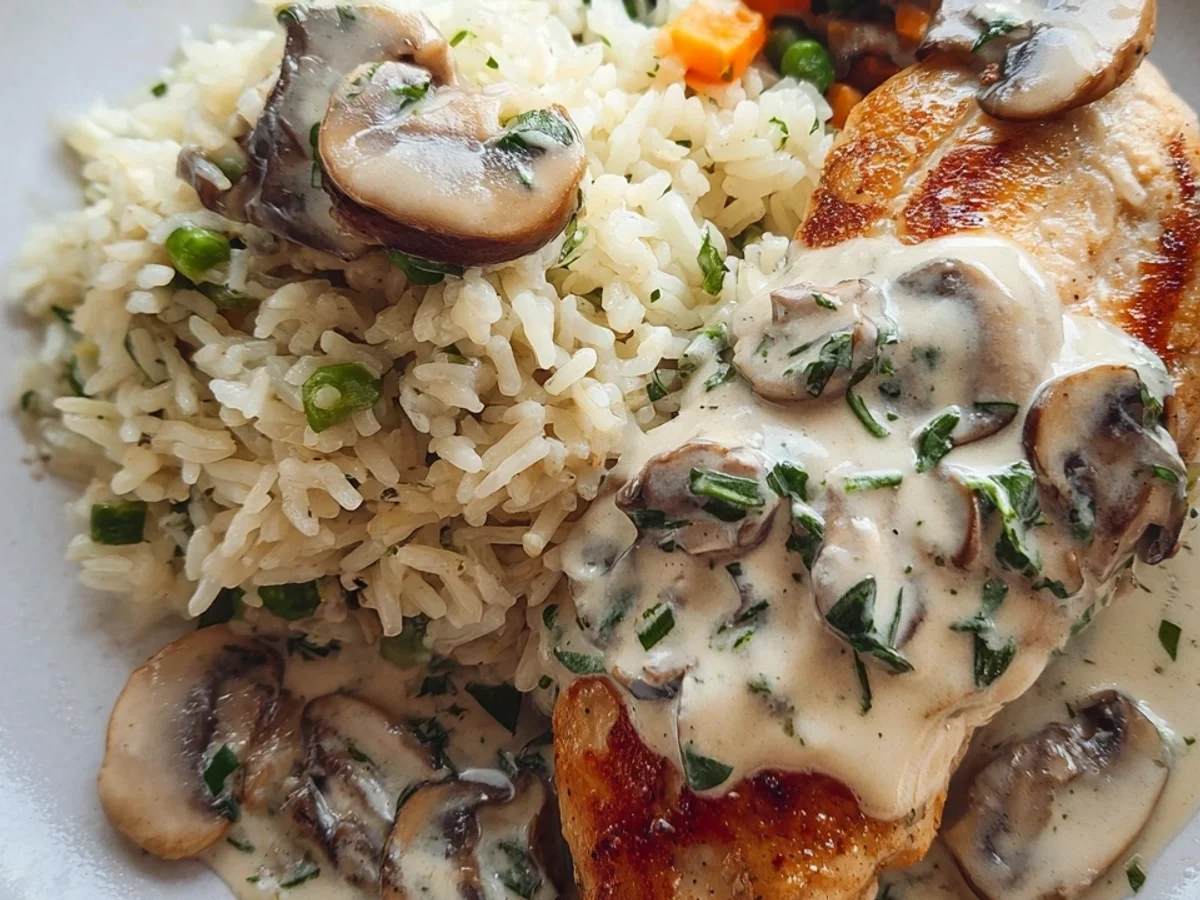 Cremiger Gemüsereis mit Hühnerbrust und Champignonsoße - Bild 1