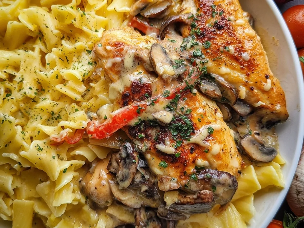 Pasta mit Parmesan Hähnchen: Cremige Pilz-Paprika-Soße - Bild 1