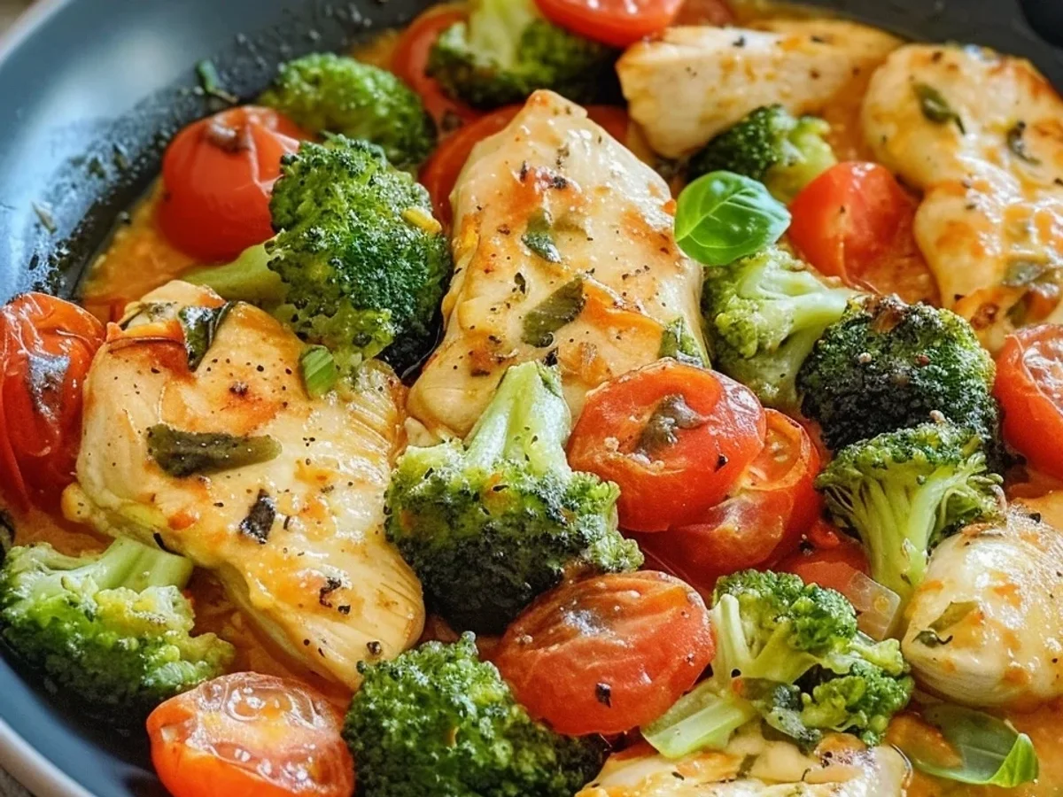 Schnelles Brokkoli Hähnchen mit Tomaten: Low-Carb-Pfanne - Bild 1