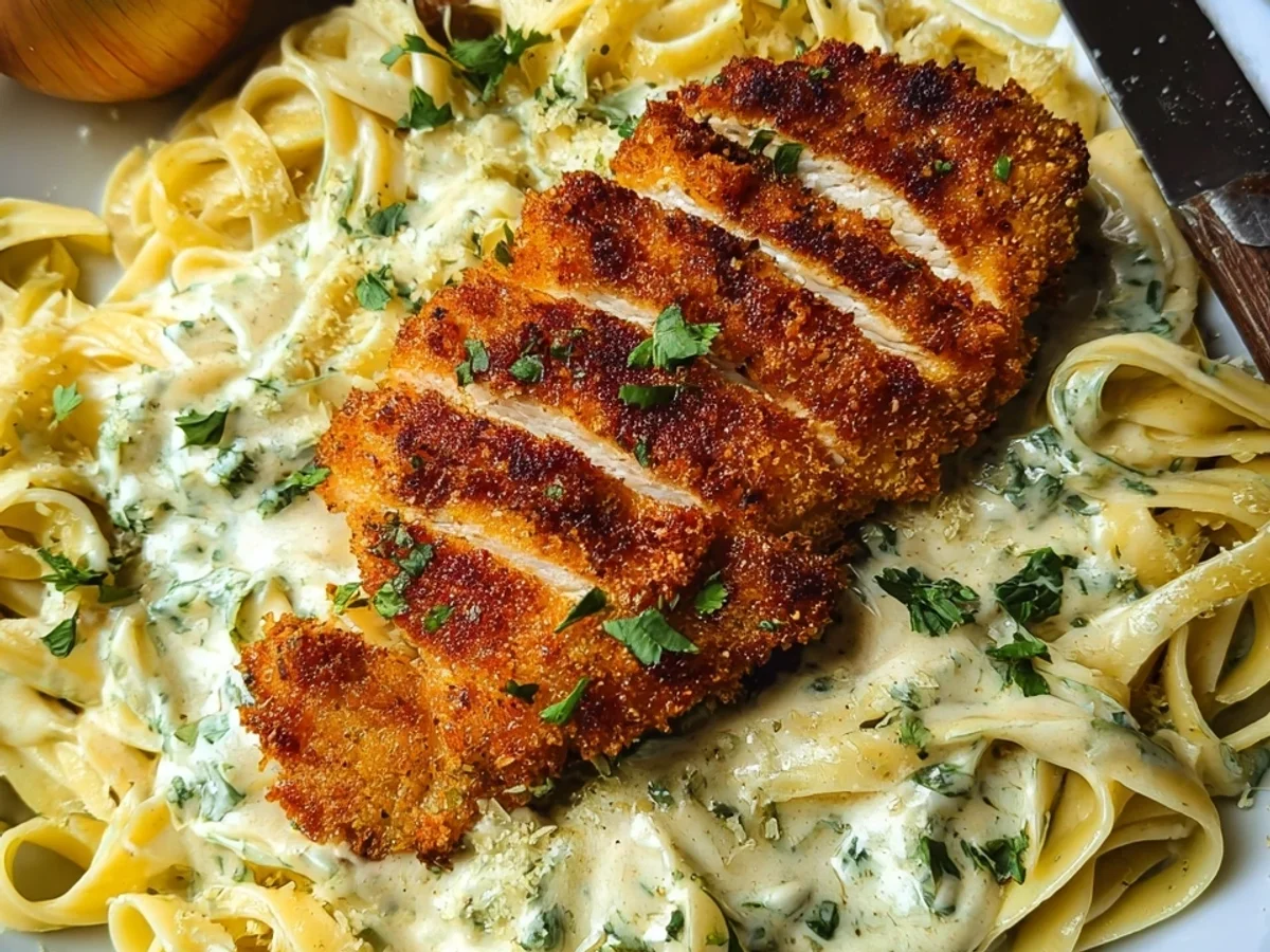 Alfredo Pasta mit Hähnchenschnitzel: Cremiger Genuss - Beitragsbild