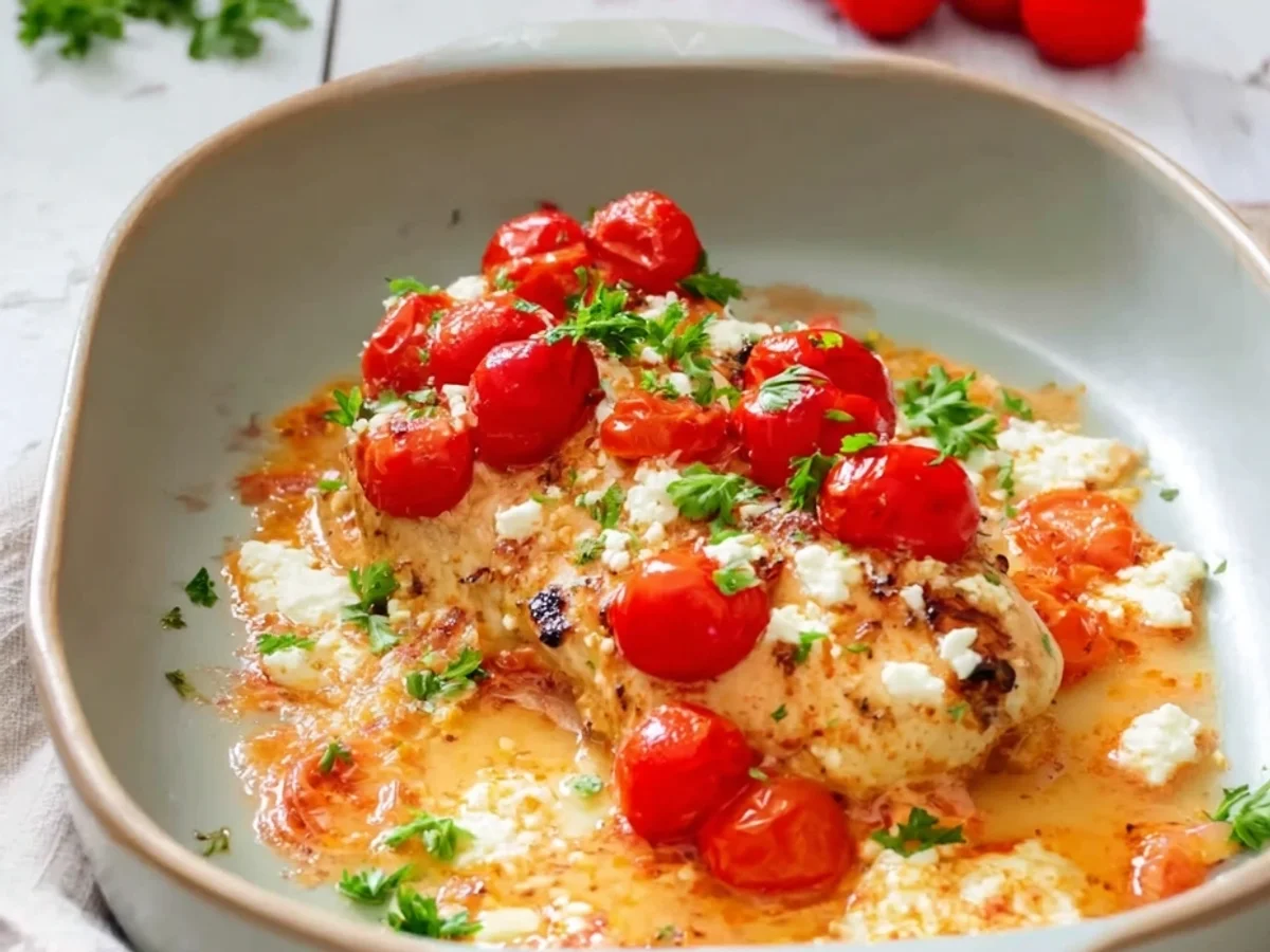 Überbackenes Putenschnitzel mit Feta & Tomaten Low Carb - Beitragsbild