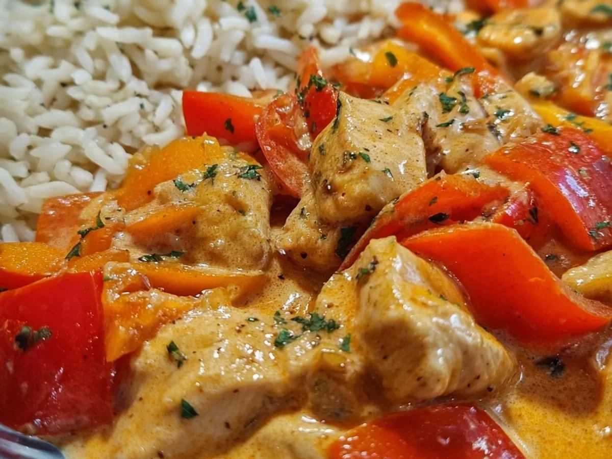 Cremiges Paprika Sahne Hähnchen mit Reis Mein Seelenfutter - Beitragsbild