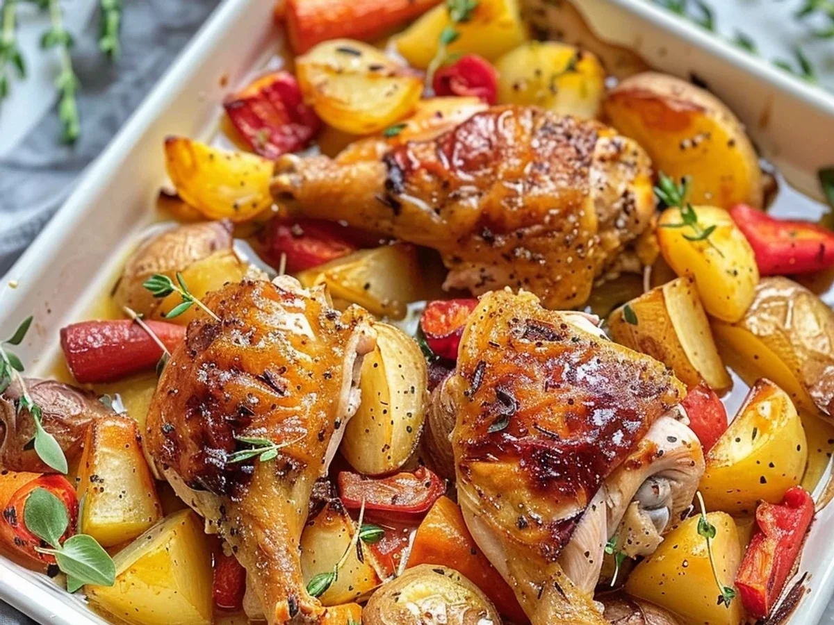 Knusprige Ofenhähnchenschenkel & Gemüse: Mein Rezept - Beitragsbild