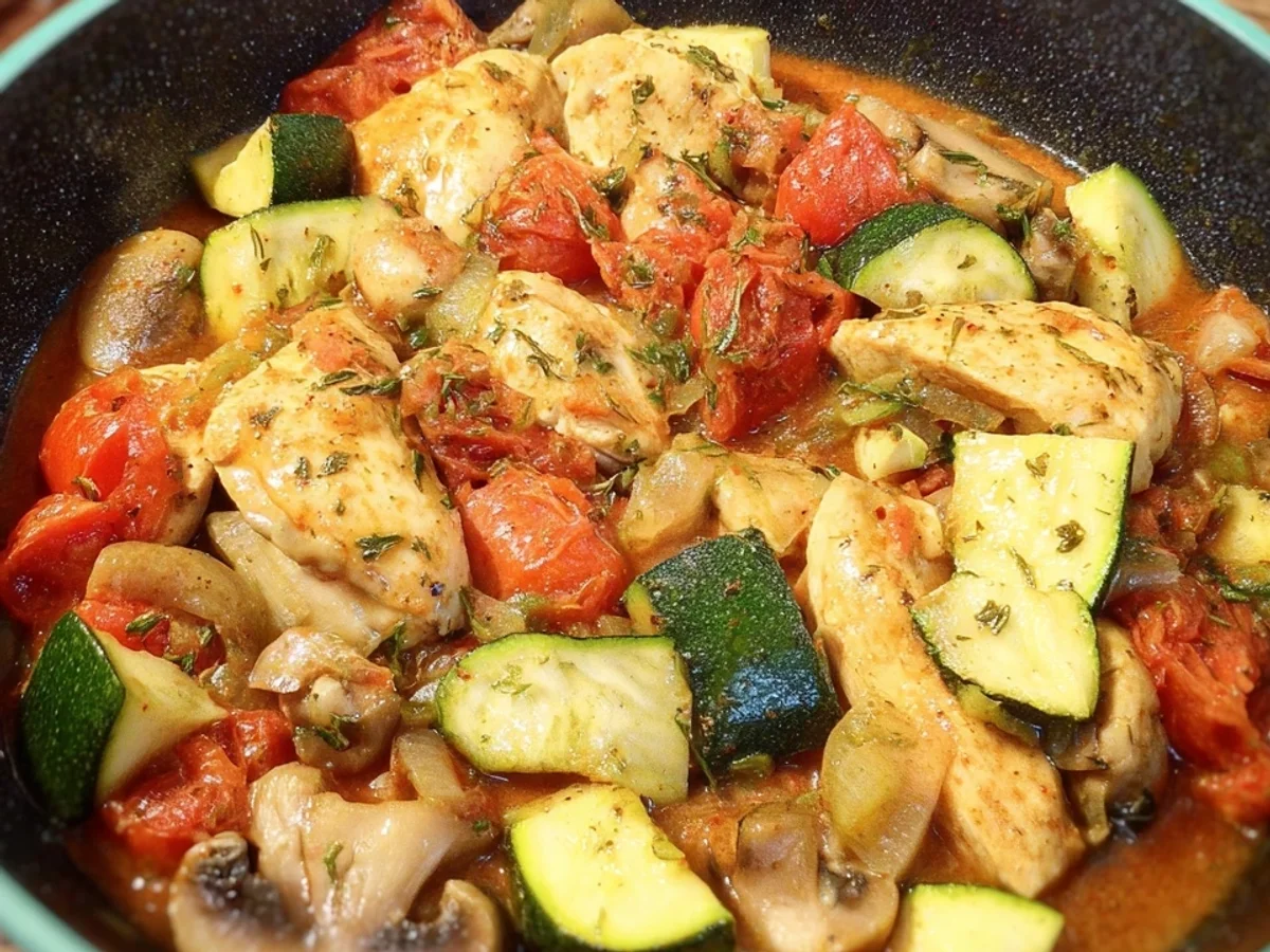 Low Carb Hähnchenpot mit Tomaten, Zucchini & Pilzen - Beitragsbild