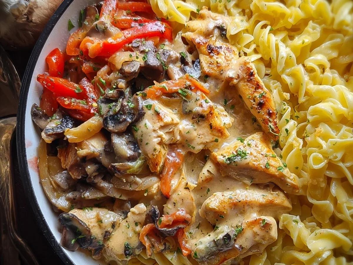Pasta mit Parmesan Hähnchen: Cremige Pilz-Paprika-Soße - Beitragsbild