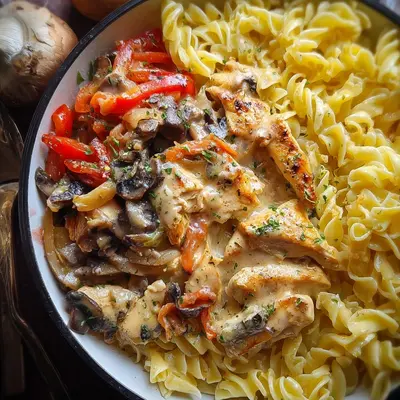 Pasta mit Parmesan Hähnchen: Cremige Pilz-Paprika-Soße