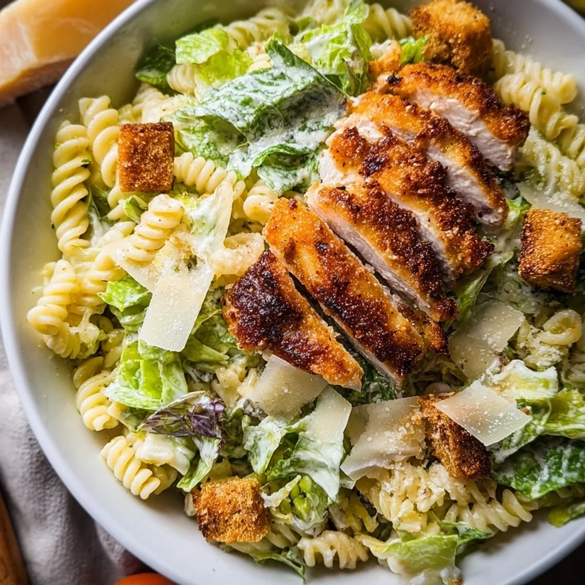 Schneller Caesars Nudelsalat mit Crispy Chicken