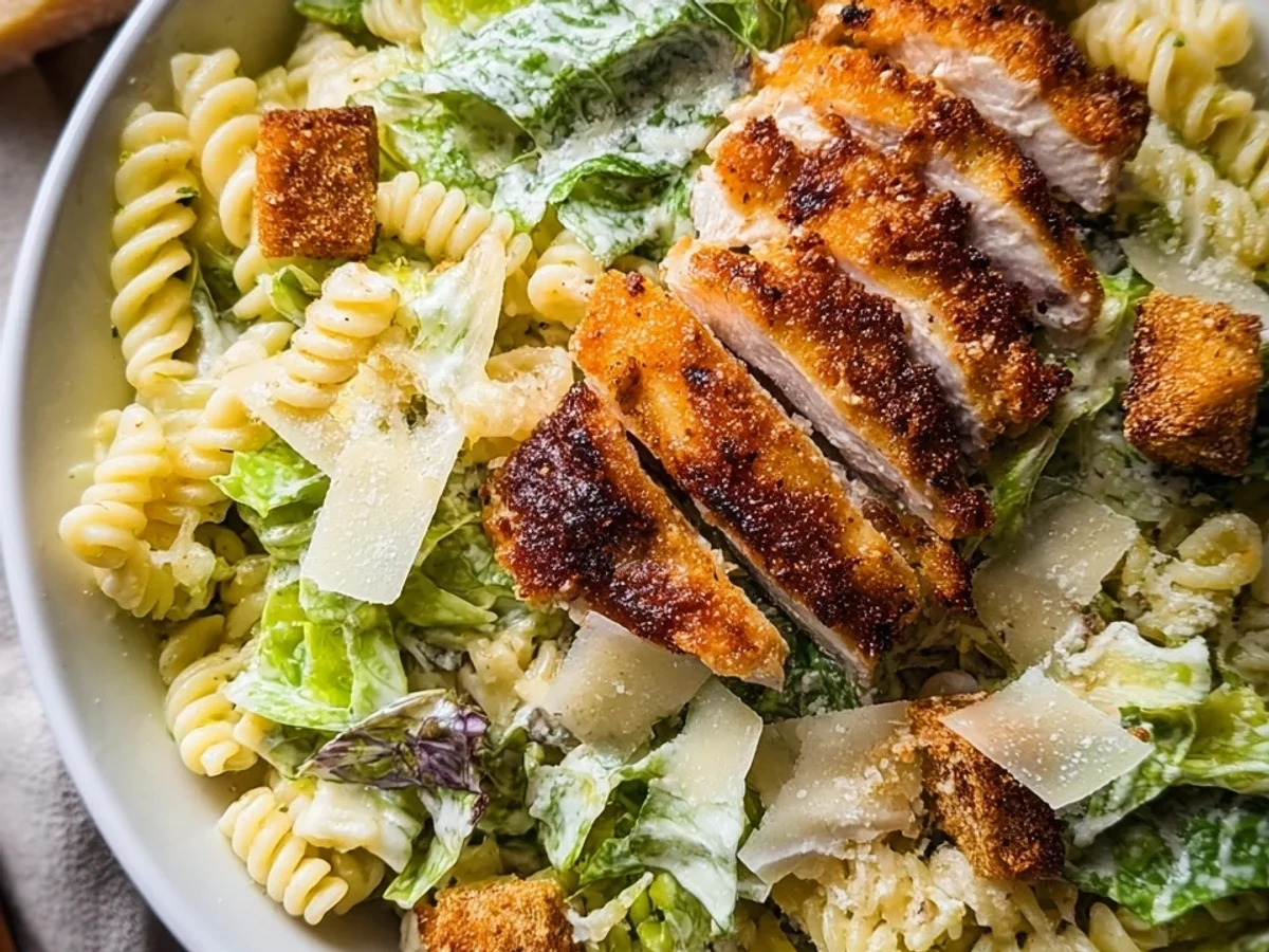 Schneller Caesars Nudelsalat mit Crispy Chicken - Beitragsbild