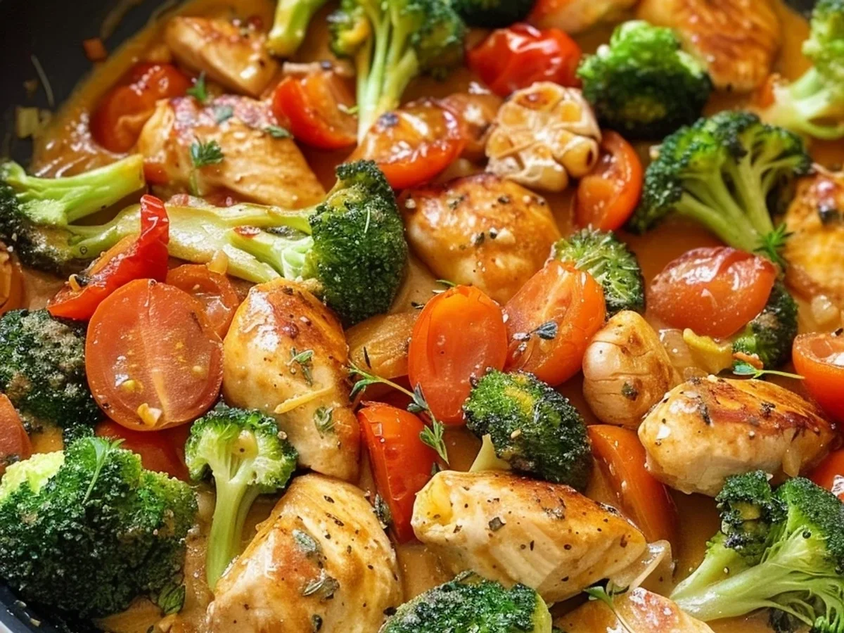 Schnelles Brokkoli Hähnchen mit Tomaten: Low-Carb-Pfanne - Beitragsbild