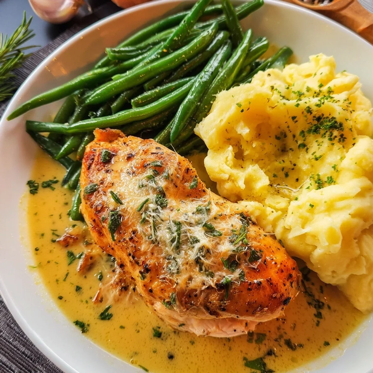 Schnelles Parmesan Hähnchen mit Kartoffelpüree & Bohnen