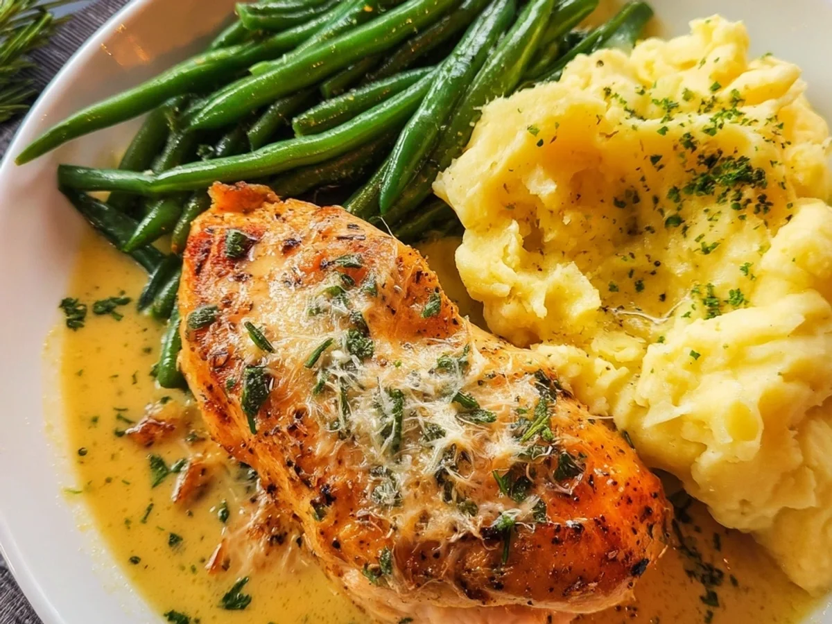 Schnelles Parmesan Hähnchen mit Kartoffelpüree & Bohnen - Beitragsbild