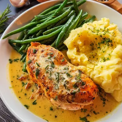 Schnelles Parmesan Hähnchen mit Kartoffelpüree & Bohnen