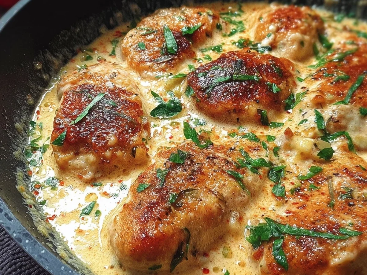 Zartes Hähnchenfilet in cremiger Frischkäse-Parmesan-Soße - Beitragsbild